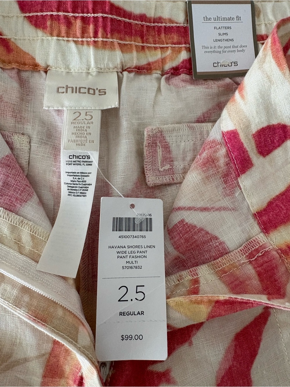 Chico's Multi Pink & Cream Havana Shores Linen Wide Leg Pants